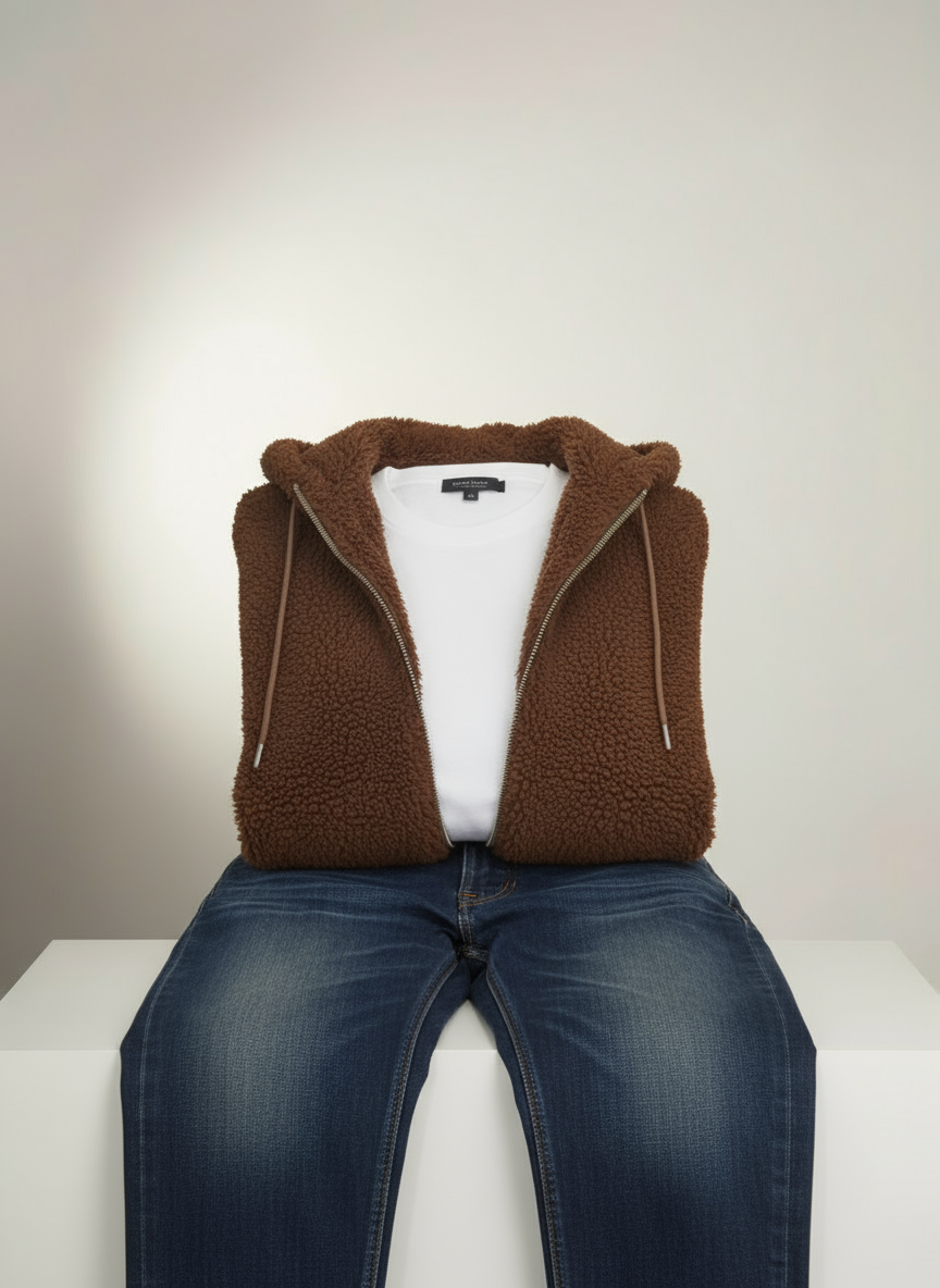 Kapüşonlu Fermuarlı Kahverengi Erkek Mont- Rahat Kesim