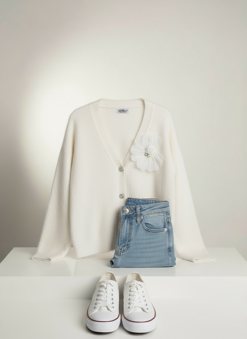 Beyaz Tüylü Çiçek Broşlu Hırka