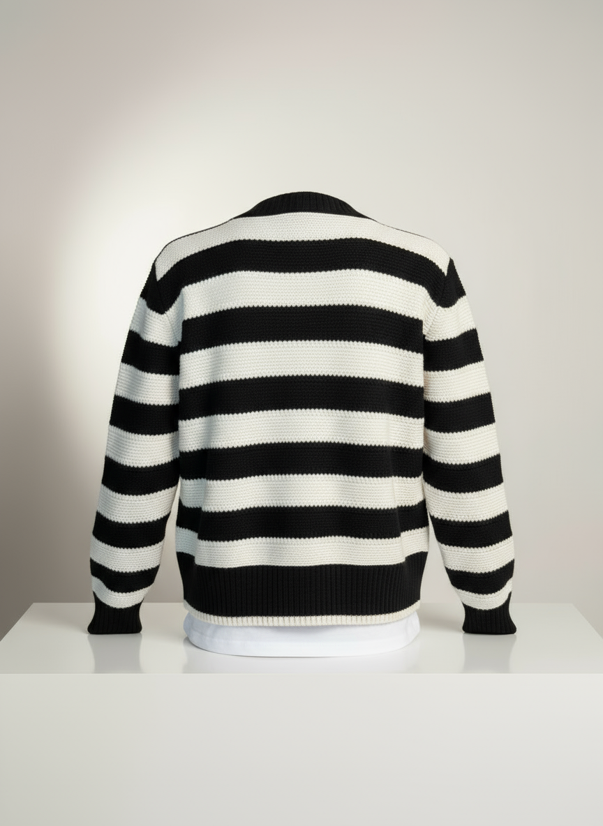 Siyah ve Beyaz Çizgili V Yaka Düğmeli Triko Hırka