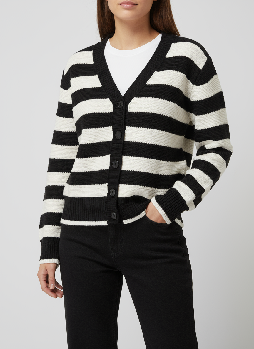 Siyah ve Beyaz Çizgili V Yaka Düğmeli Triko Hırka