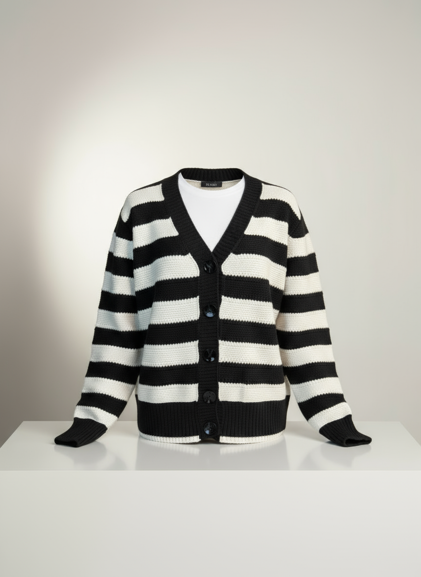 Siyah ve Beyaz Çizgili V Yaka Düğmeli Triko Hırka