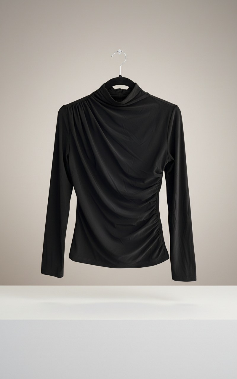 Asimetrik Büzgülü Siyah Bluz | Drape Yaka