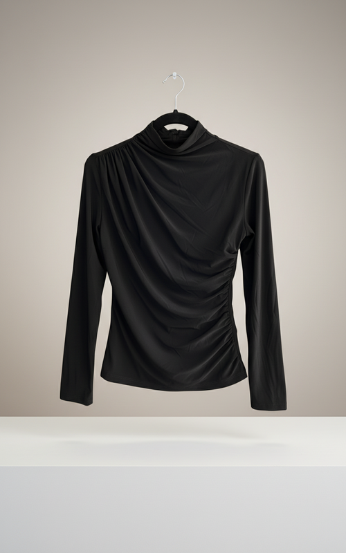 Asimetrik Büzgülü Siyah Bluz | Drape Yaka