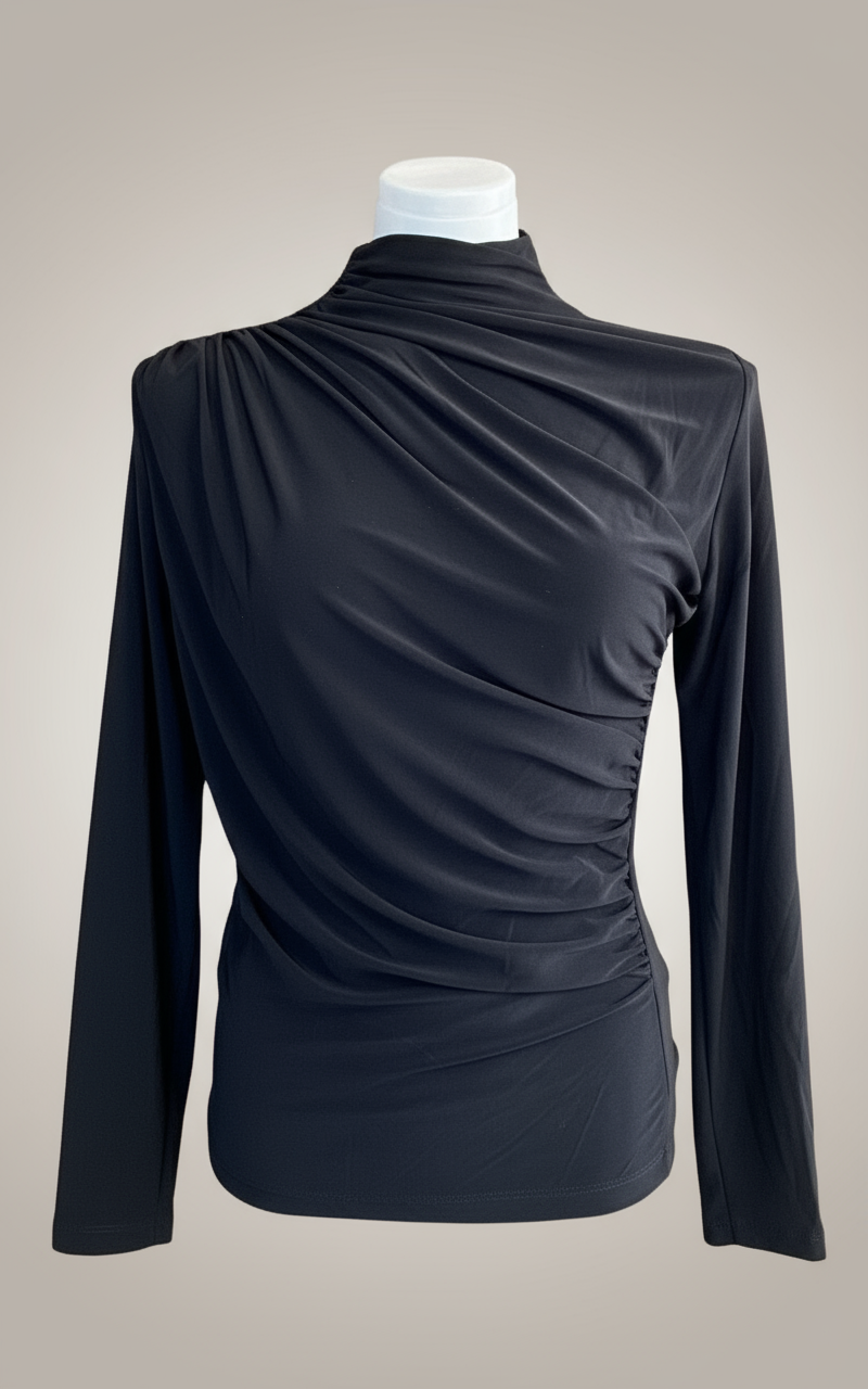 Asimetrik Büzgülü Siyah Bluz | Drape Yaka