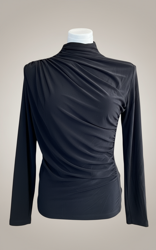 Asimetrik Büzgülü Siyah Bluz | Drape Yaka