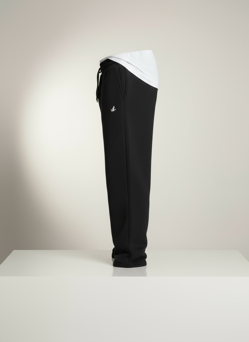 Minimalist Logo Desenli Geniş Paça Siyah Eşofman Altı