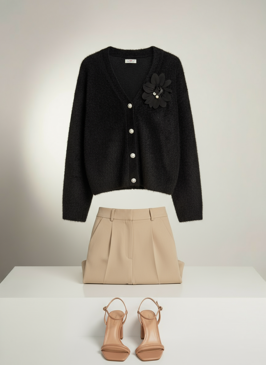 Siyah Tüylü Çiçek Broşlu Hırka