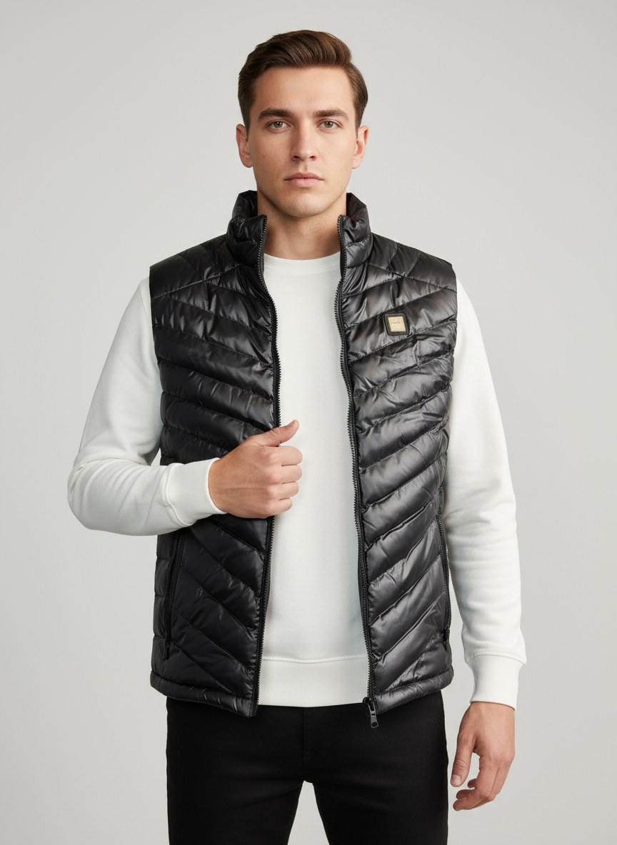 Parlak Siyah Kapitone Desenli Erkek Şişme Yelek