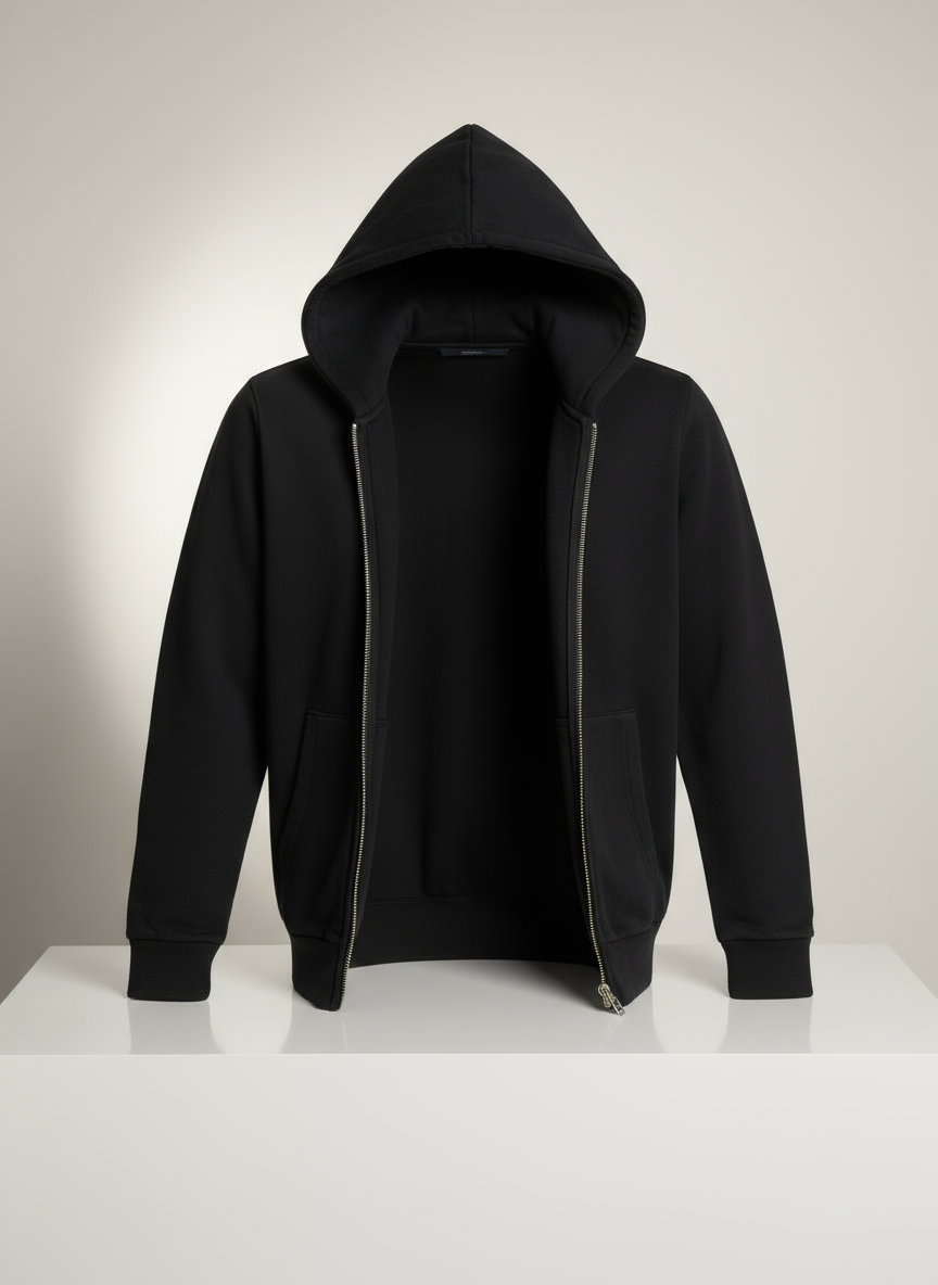 Siyah Unisex Tam Fermuarlı Kapüşonlu Sweatshirt