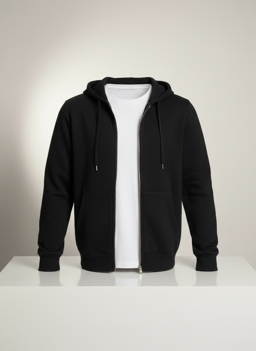 Siyah Unisex Tam Fermuarlı Kapüşonlu Sweatshirt