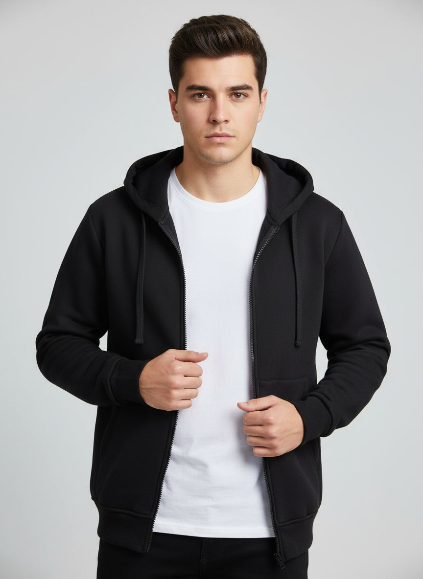 Siyah Unisex Tam Fermuarlı Kapüşonlu Sweatshirt