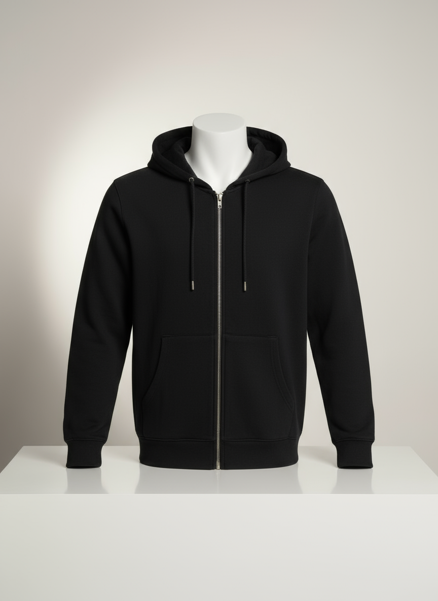 Siyah Unisex Tam Fermuarlı Kapüşonlu Sweatshirt