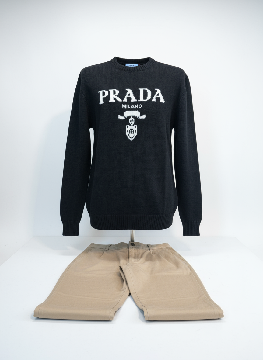 ERKEK PRADA ÇİZGİLİ TRİKİO KAZAK-SİYAH