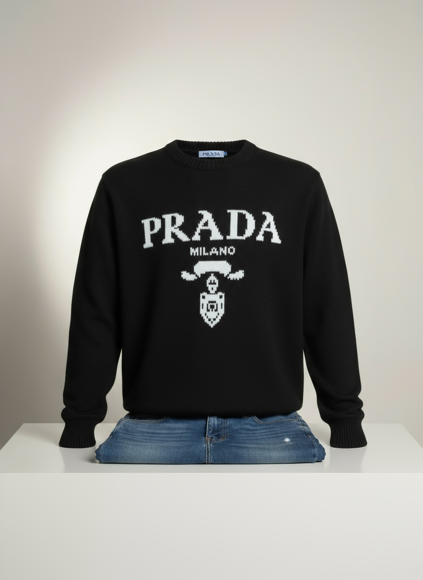 ERKEK PRADA ÇİZGİLİ TRİKİO KAZAK-SİYAH