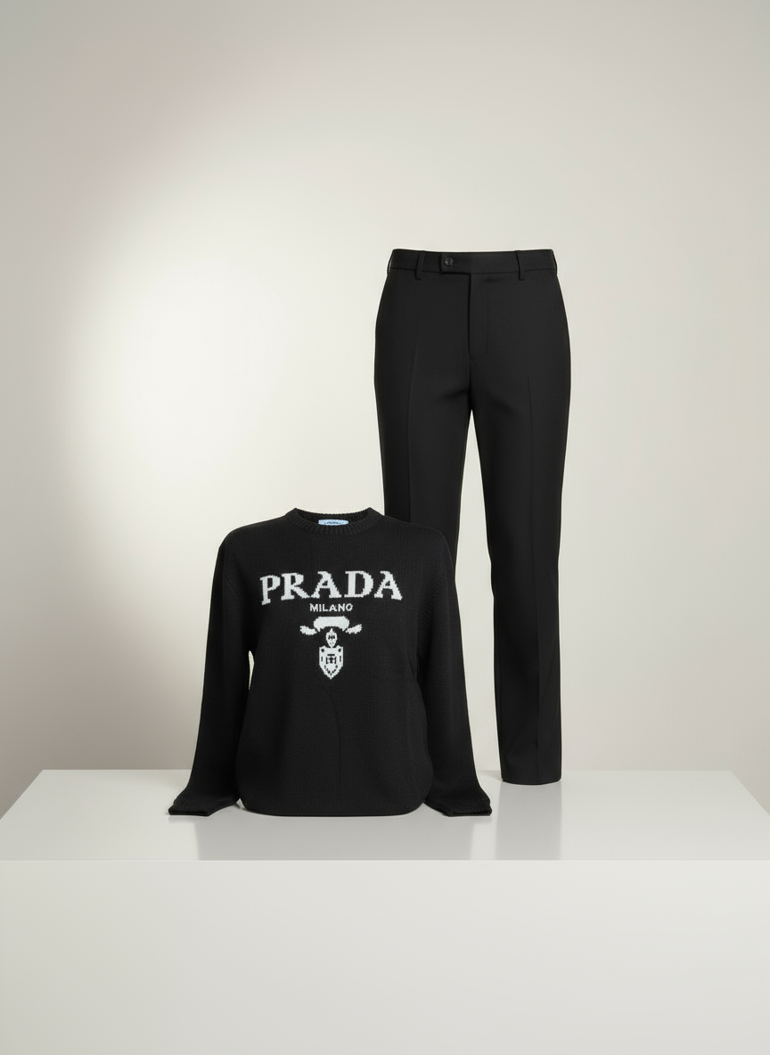 ERKEK PRADA ÇİZGİLİ TRİKİO KAZAK-SİYAH