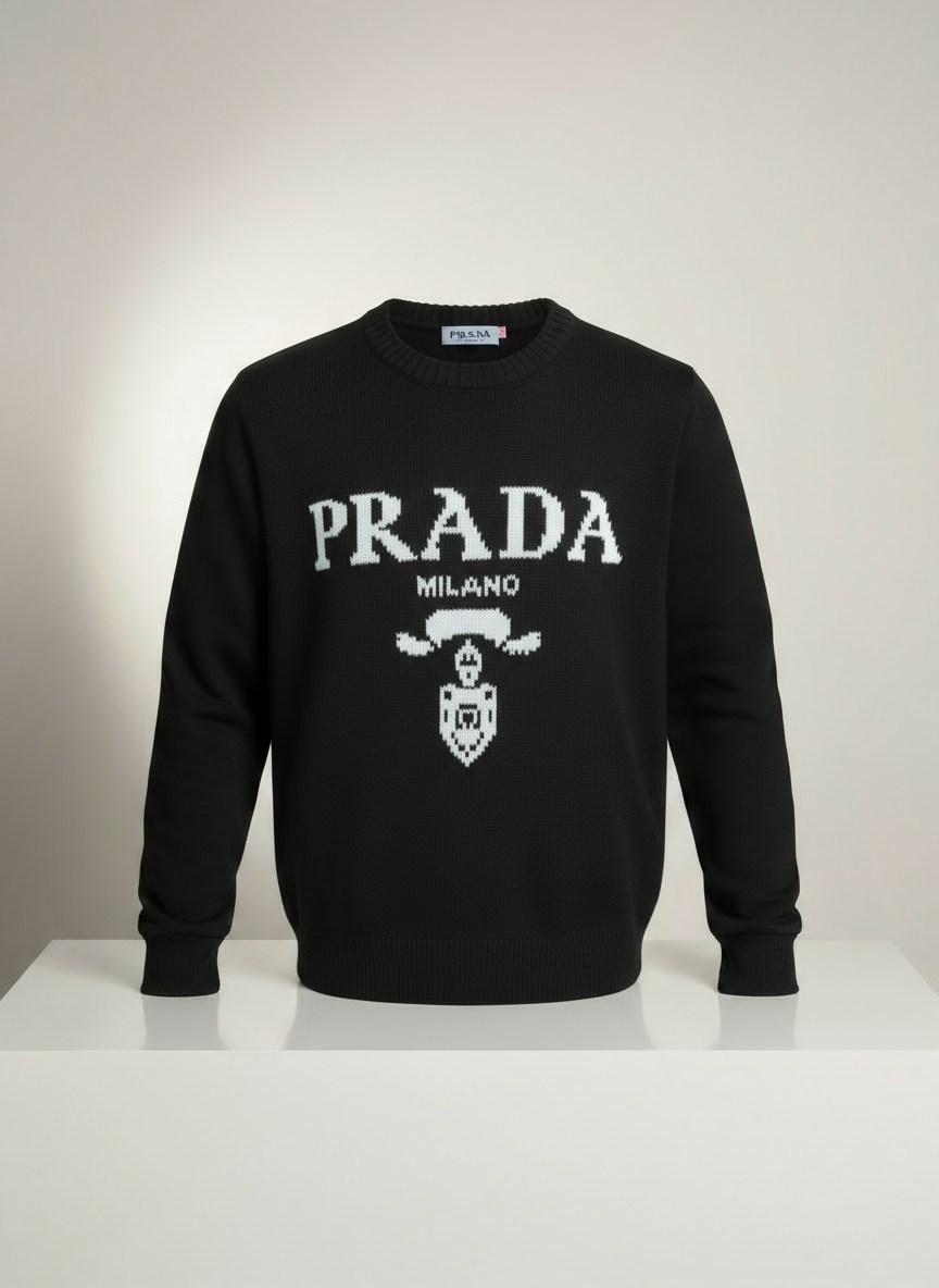 Siyah kontrast logolu triko kazak Prada tarzı - Crux Giyim