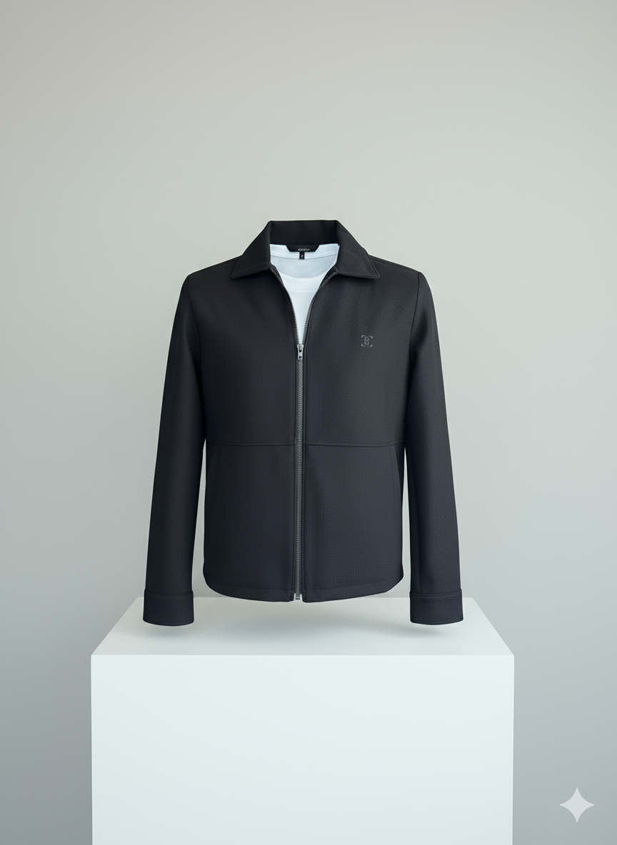 Siyah modern kesim fermuarlı mont ön görünüm - Crux Giyim