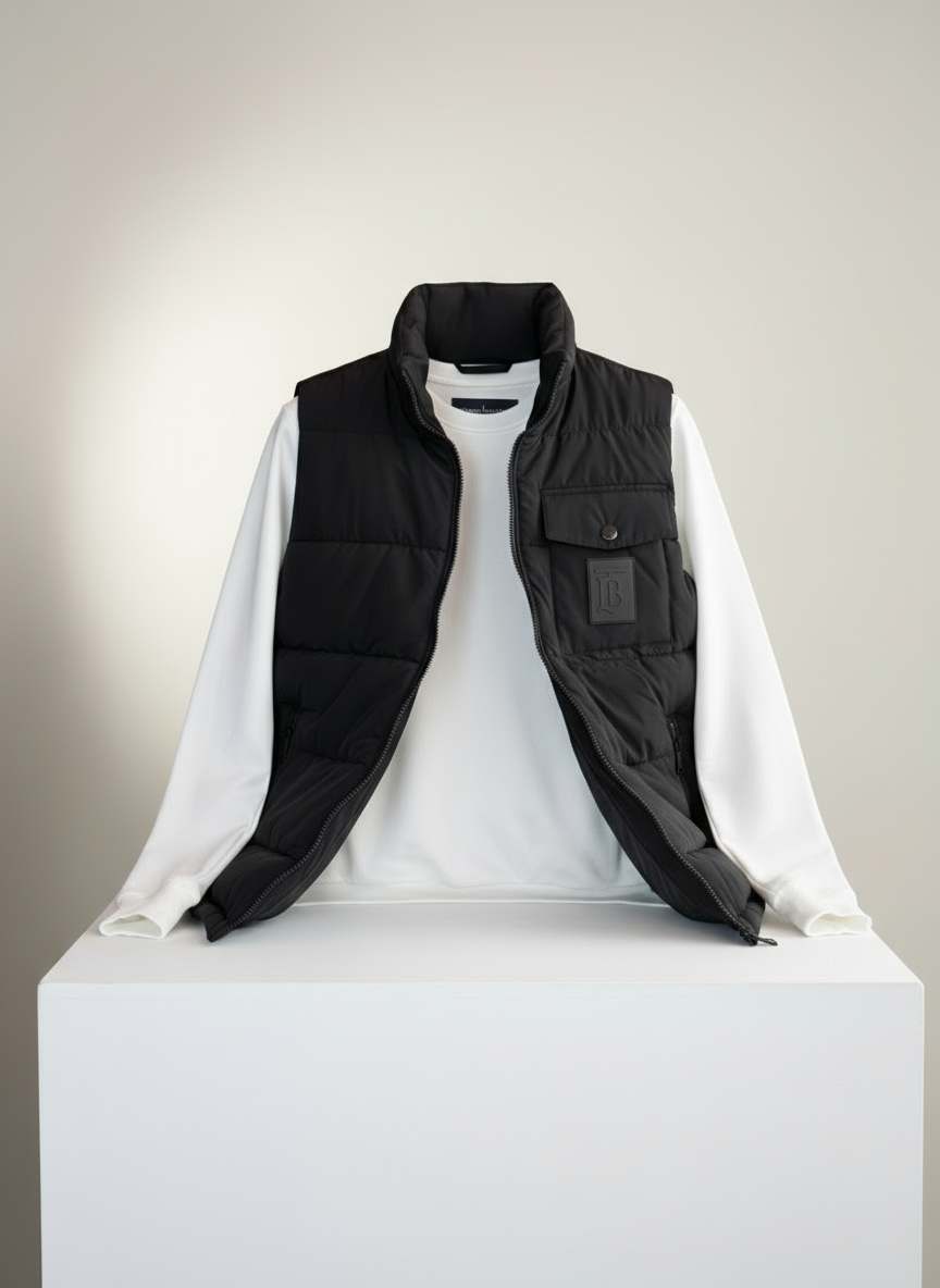 Modern Kesim Dik Yaka Siyah Yelek – Logo Detaylı