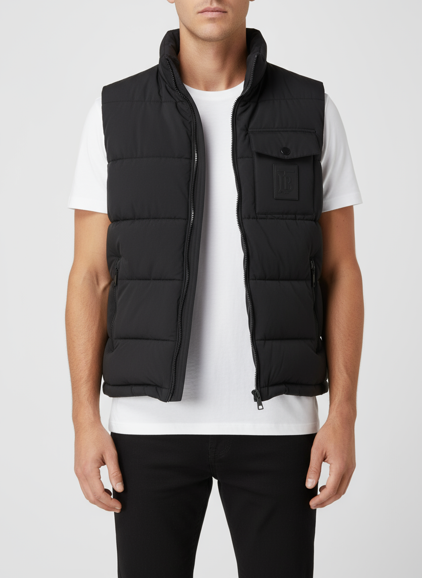 Modern Kesim Dik Yaka Siyah Yelek – Logo Detaylı