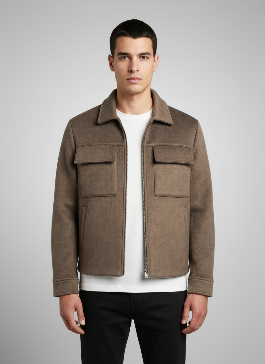 Regular Fit Gömlek Yaka Fermuarlı Mevsimlik Erkek Mont - Toprak